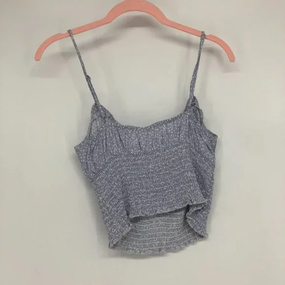 Garage periwinkle blue white floral shirred tie front crop tank top SP - Picture 12 of 13